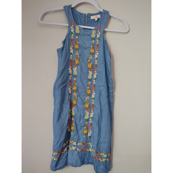 Gianni Bini Dress Girls Chambray Sleeveless Embroidered Floral Maxi Medium - Picture 1 of 5